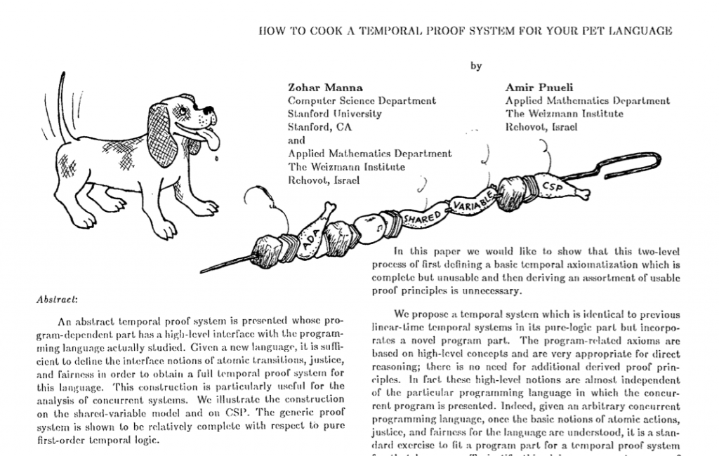 The header of the paper offsets the author names to the right. A line drawing dominates the top: a dog wags its tail, tongue dripping eagerly in front of a kabob marked with "ADA" and "shared variable" and "CSP".